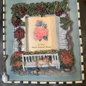 Vintage Hand-Painted Floral garden cat on bench Picture Frame